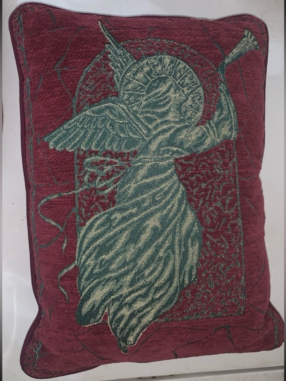 Embroidered Angel Throw Pillow in Burgundy and Teal green